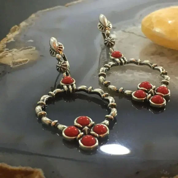 Carolyn Pollack Sterling 5 Red Jasper Decorated Hoop Dangle Earrings For Women - Picture 3 of 10